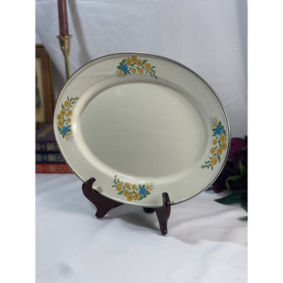 Vintage Oval Metal & Enamel Platter 14"x10" - Floral - Picture 2 of 7